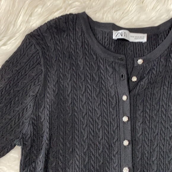 ZARA Crystal Button Cable Knit Black Cardigan Sz M - Picture 2 of 8